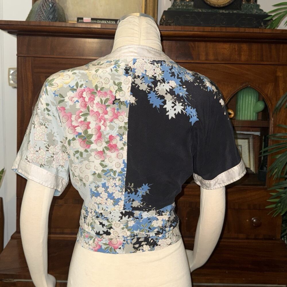 VTG Odille Anthropologie Silk Floral Patchwork Wrap Top Crop Kimono Blouse SZ 4